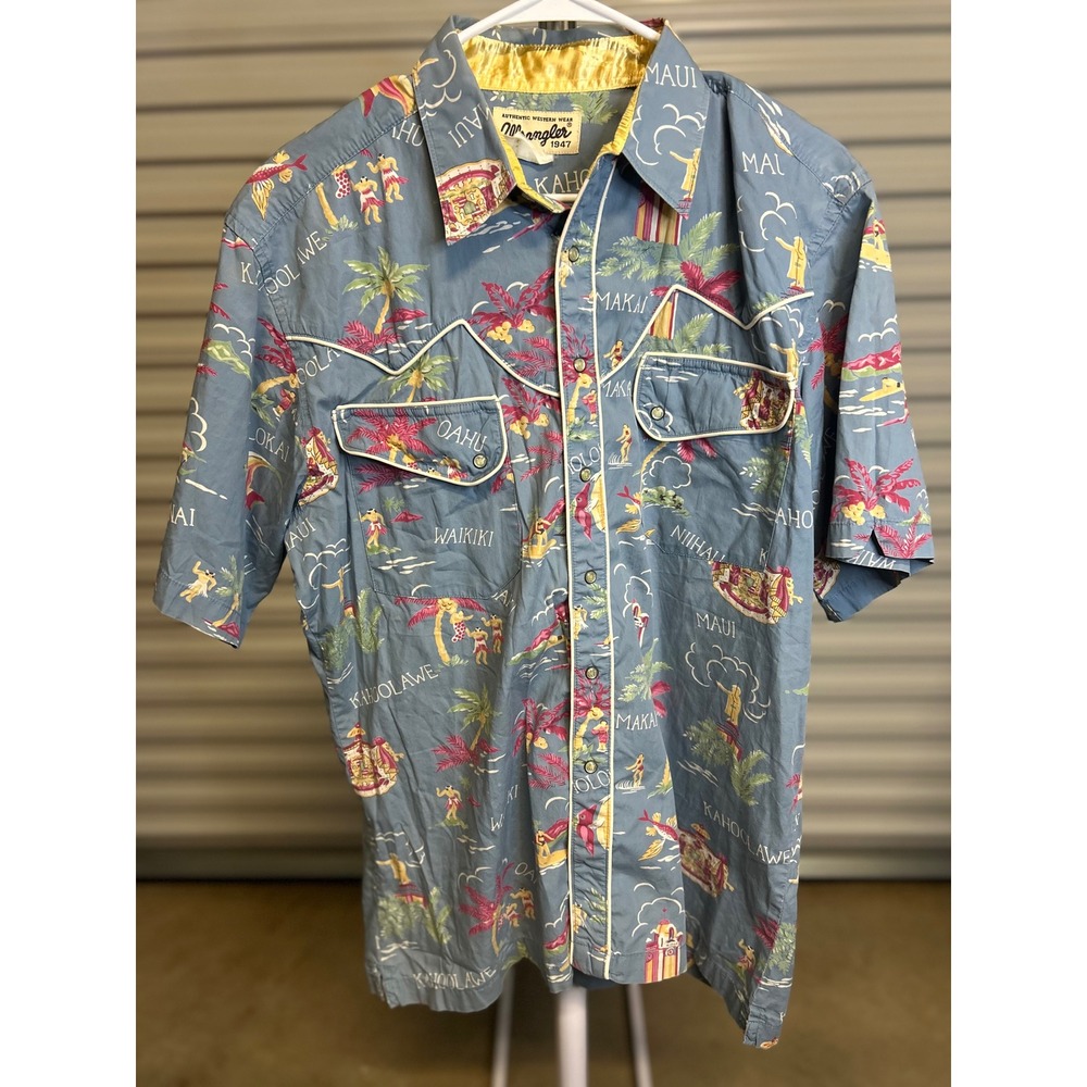 Wrangler Shirt Mens L Blue Hawaiian Western Pearl Snap Short Sleeve Island Print